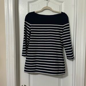 Navy/White stripe, 3/4 length sleeve, boat neck